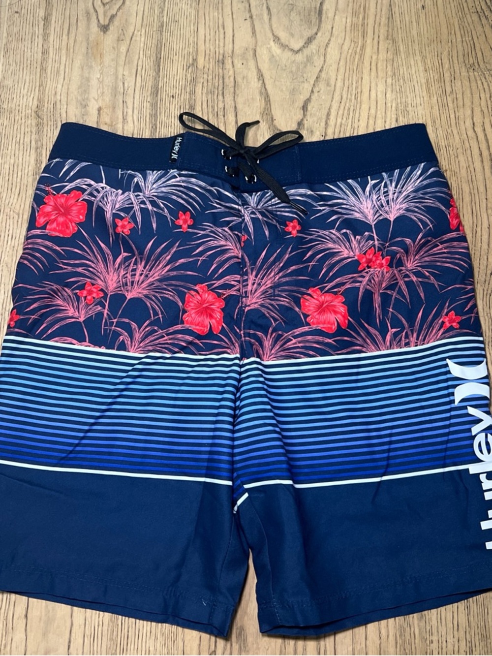 Hurley Navy Blue Floral Stripe Swim Shorts with Red Accents
